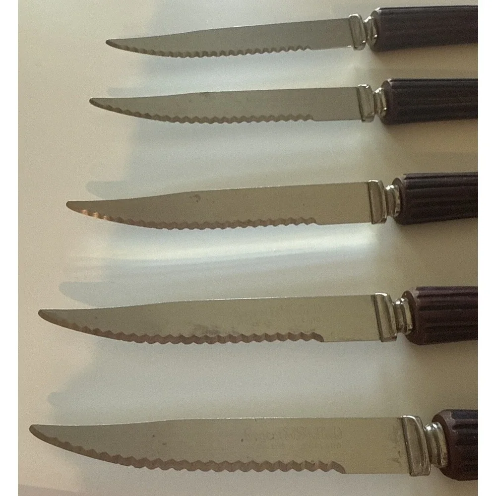 Vtg Regent Stainless Sheffield, England Bakelite Faux Stag Horn Steak Knives 5pc